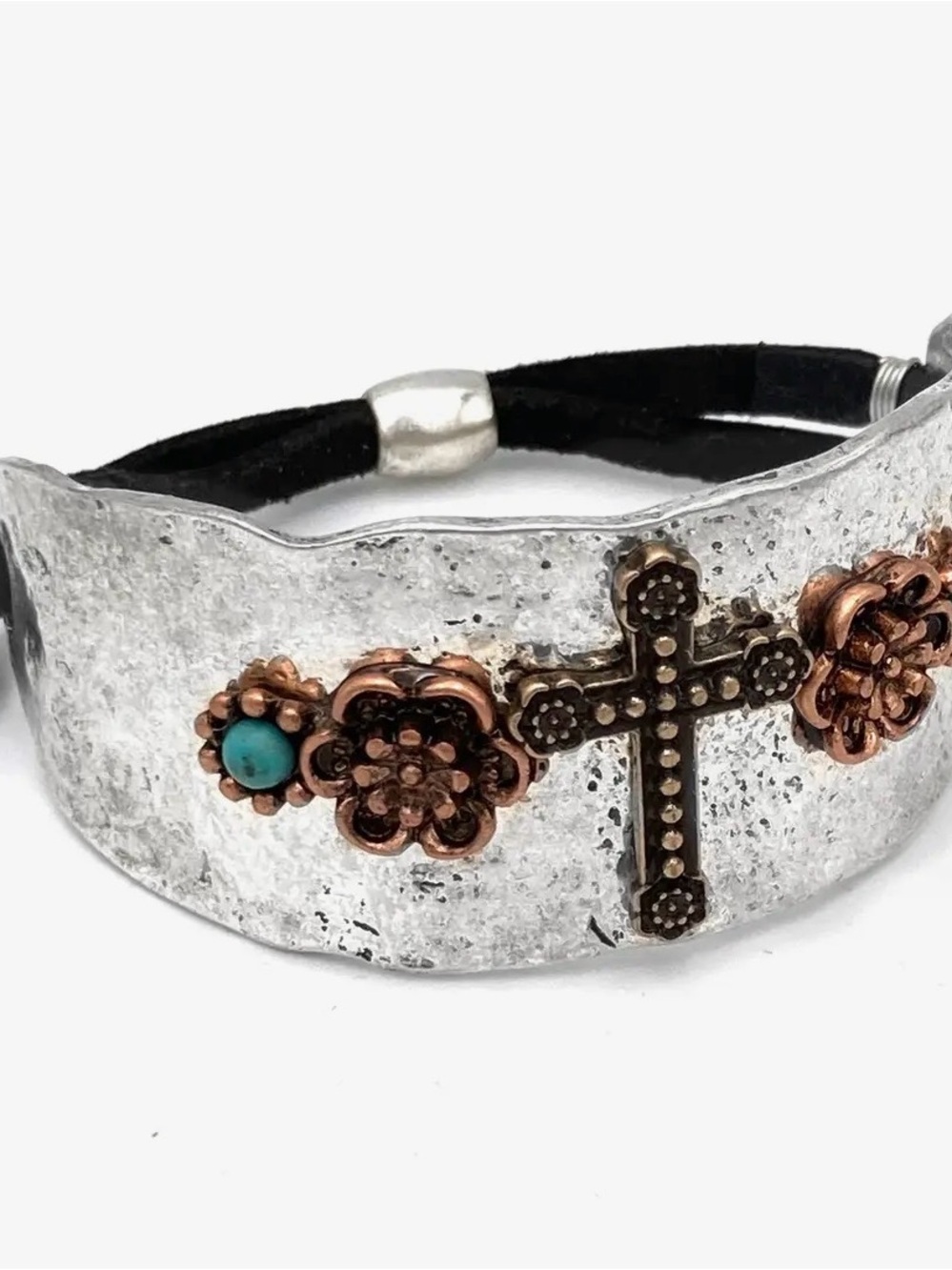 Silver-Tone Cross & Floral Cuff Bracelet with Turquoise Accent